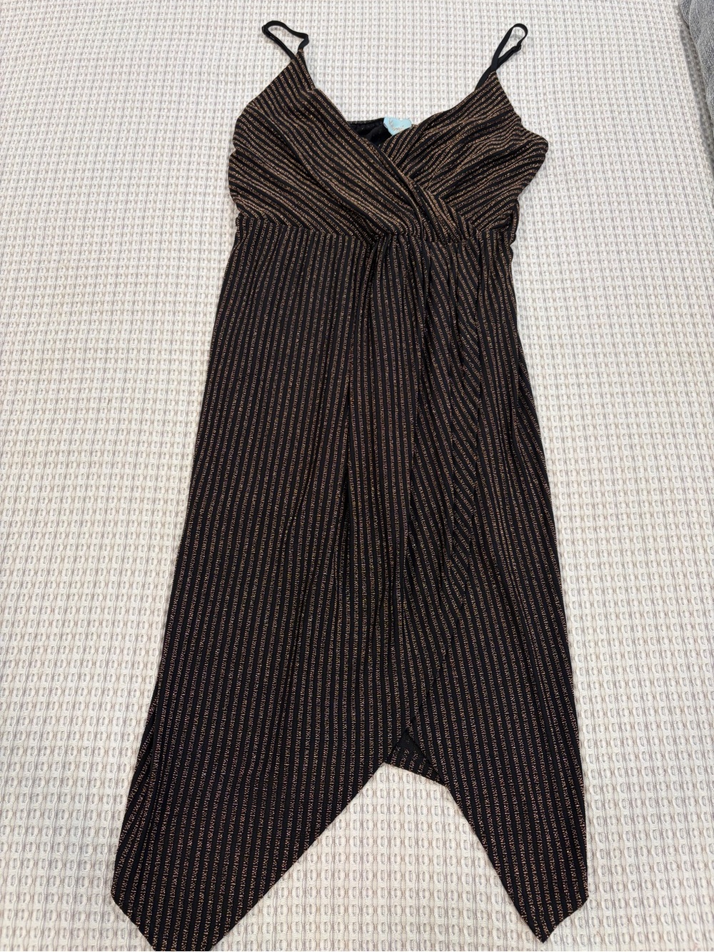 Veronica M. Metallic-Striped Black dress with Crossover Bodice, size XS